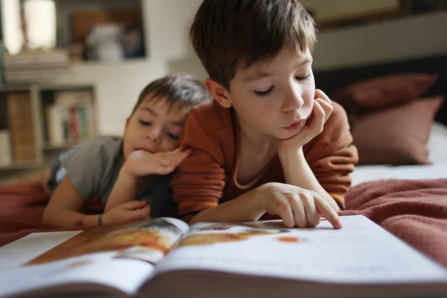 A 7 year old boy reading, laying on his parents bed, his little brother chilling out next to him