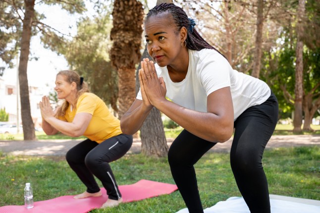 Diverse senior women friends practicing yoga outdoors