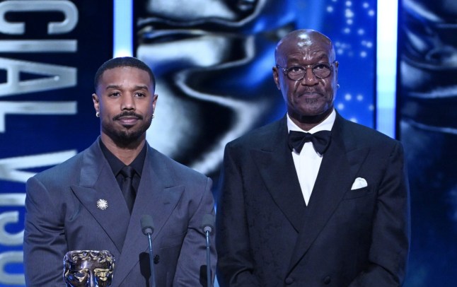 Michael B. Jordan and Delroy Lindo presenting the Special Visual Effects Award on stage during the 2026 BAFTAs.